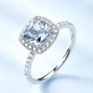 AQUAMARINE SKY BLUE CUSHION CUBIC ZIRCONIA RING